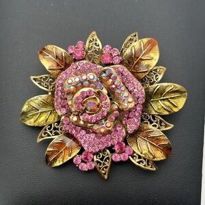 Large gold tone pink AB Aurora Borealis rhinestone flower rose brooch pin